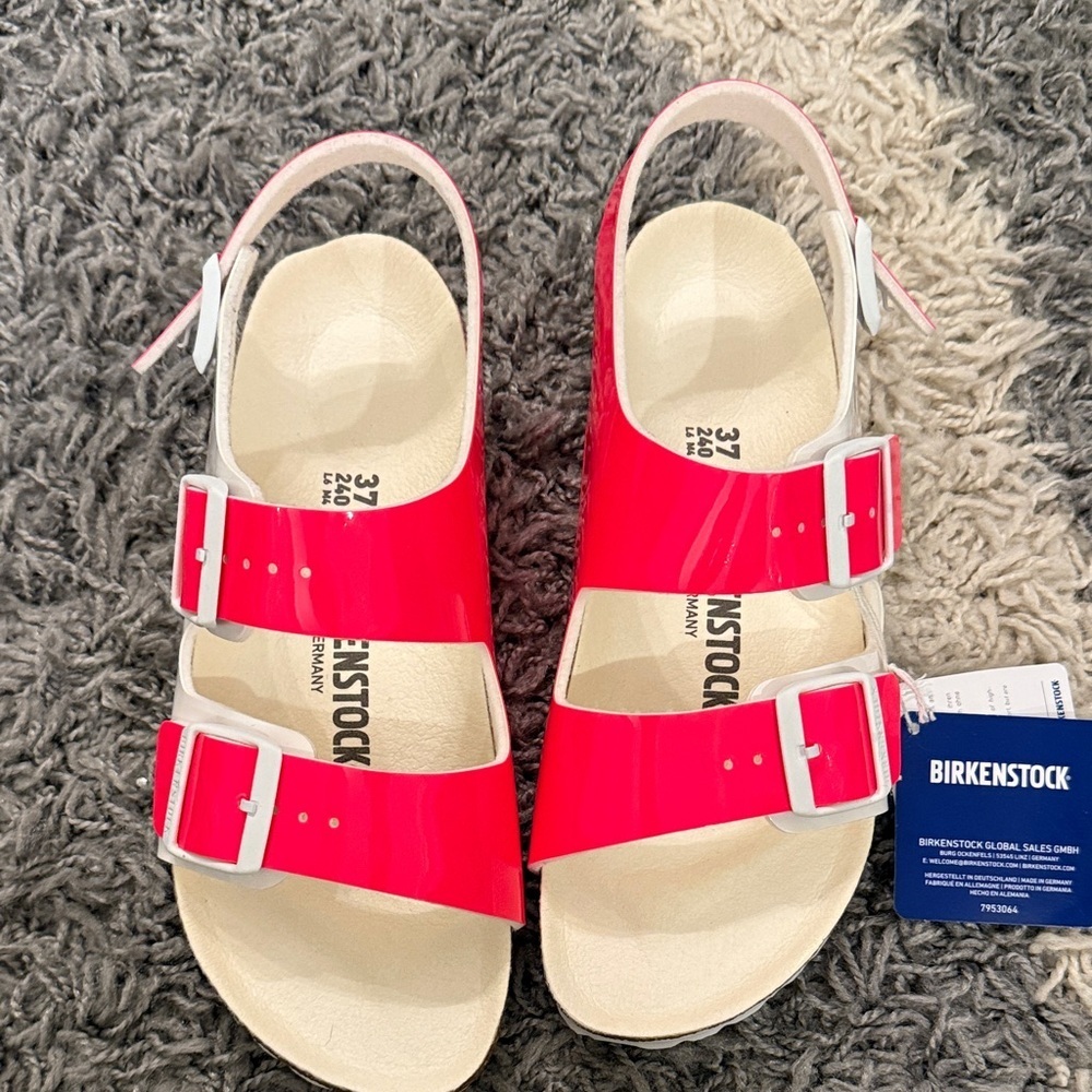 Birkenstock Milano Neon Pink Sandals Shoes Vegan Patent - Picture 7 of 16